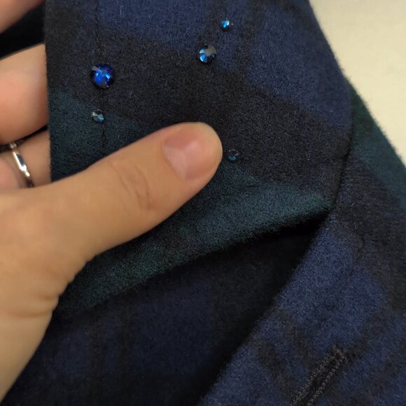 Vintage Checked 100% Wool Coat with Austrian Crystals - Blue Green Tartan - Picture 1 of 15